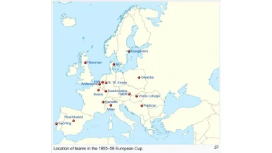 Początki Pucharu Europy i rozwój kontynentalnej piłki nożnej Lokalizacja drużyn biorących udział w pierwszym Pucharze Europy w latach 1955-56
