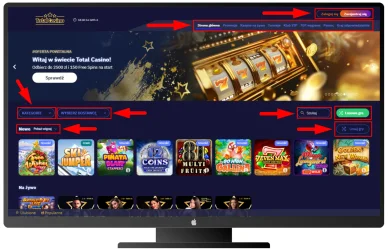 Układ strony i nawigacja Total Casino Układ strony i nawigacja
